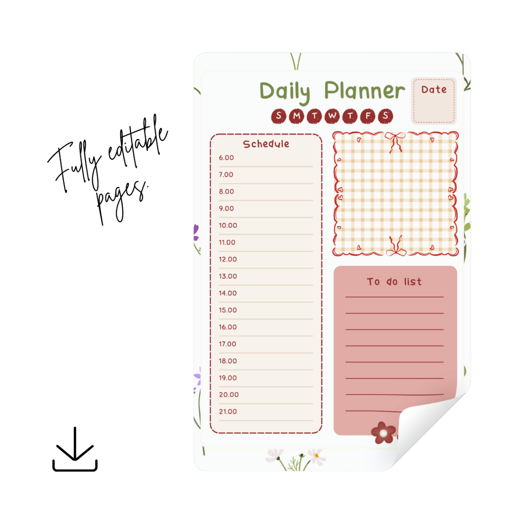 Floral Daily Planner Printable PDF PNG | Daily Schedule Planner | To Do List Organizer | Productivity Planner Instant Download