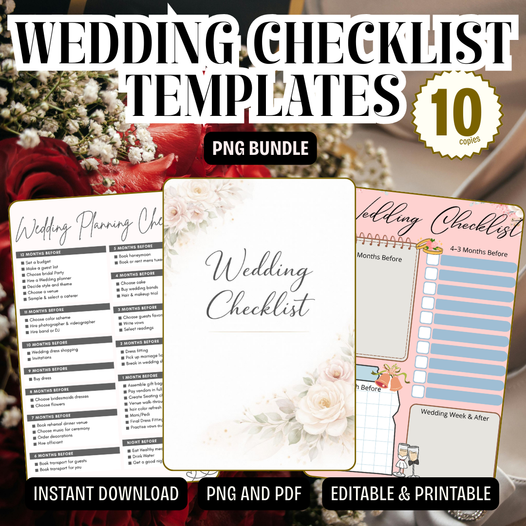 Wedding Checklist Templates PDF PNG | Bridal Planning Organizer | Wedding To-Do List & Timeline | Instant Download