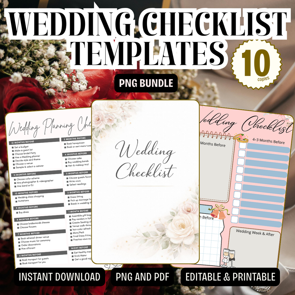 Wedding Checklist Templates PDF PNG | Bridal Planning Organizer | Wedding To-Do List & Timeline | Instant Download