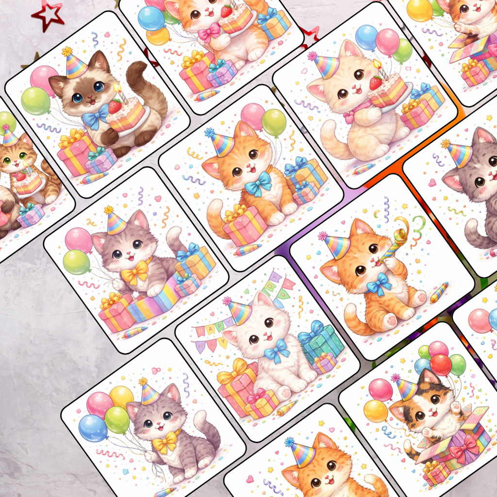 25 Birthday Cats Clipart PNG PDF | Cute Cat Birthday Illustrations | Party Decorations & Printable Wall Art | Instant Download