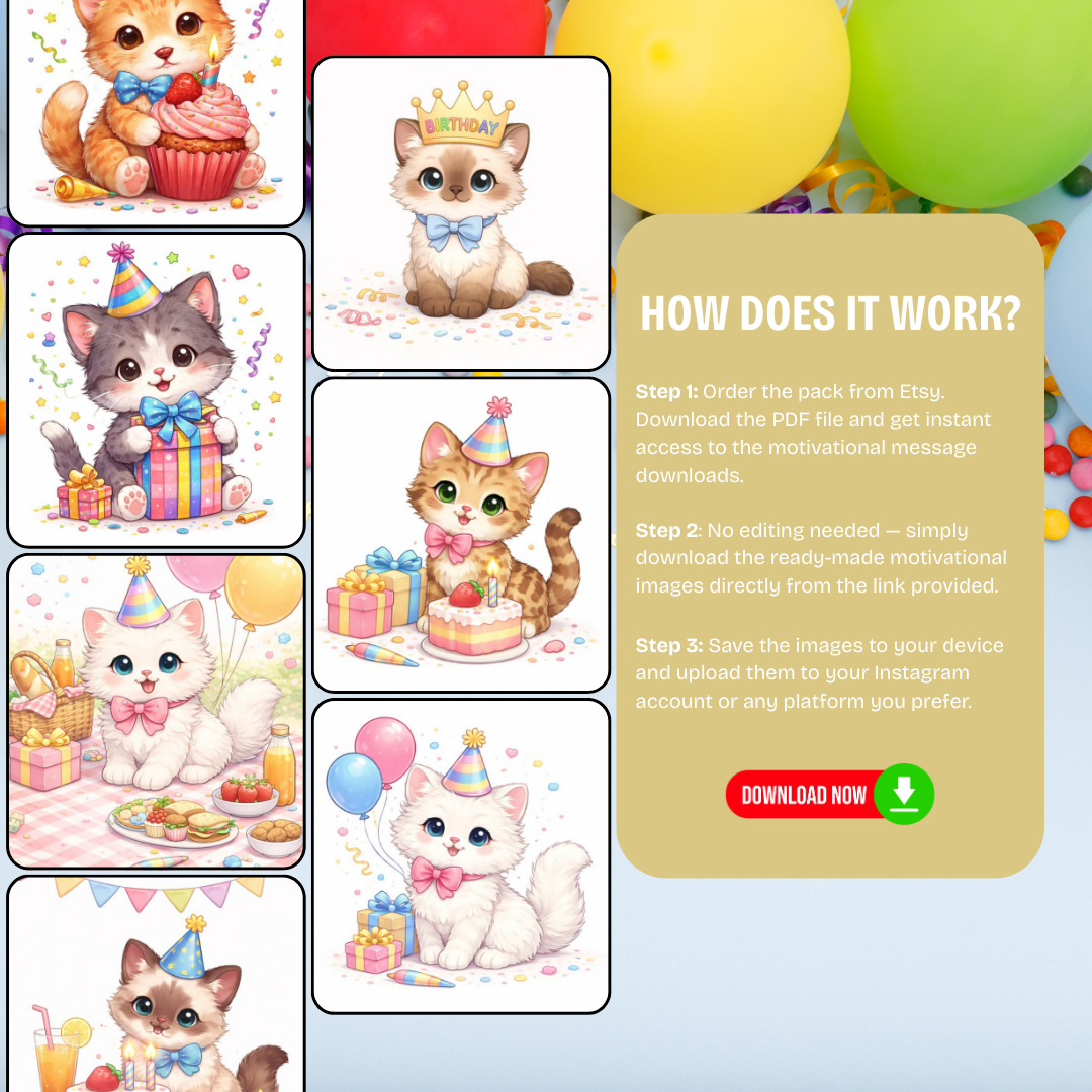 25 Birthday Cats Clipart PNG PDF | Cute Cat Birthday Illustrations | Party Decorations & Printable Wall Art | Instant Download