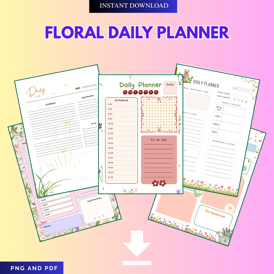 Floral Daily Planner Printable PDF PNG | Daily Schedule Planner | To Do List Organizer | Productivity Planner Instant Download