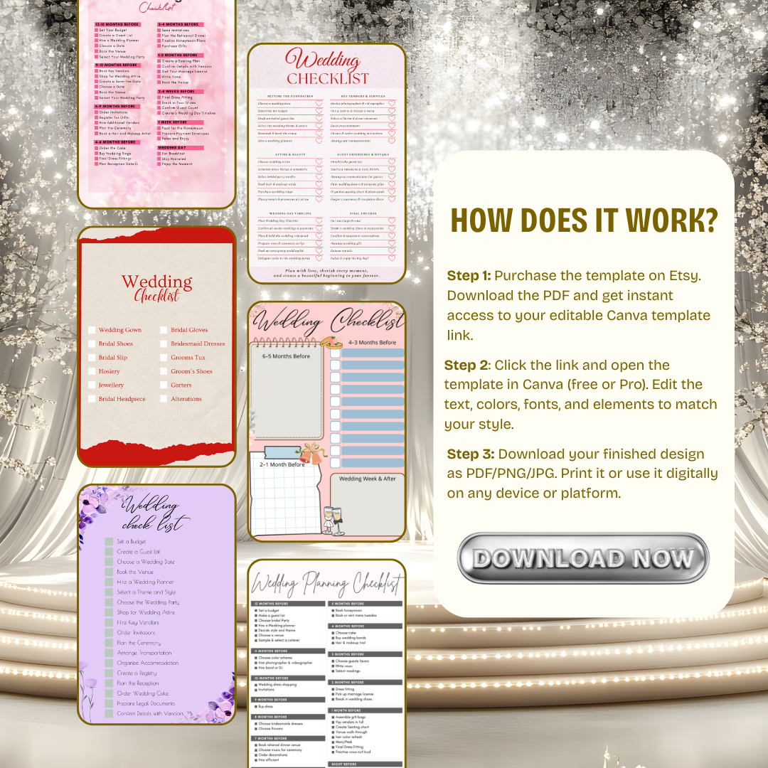 Wedding Checklist Templates PDF PNG | Bridal Planning Organizer | Wedding To-Do List & Timeline | Instant Download