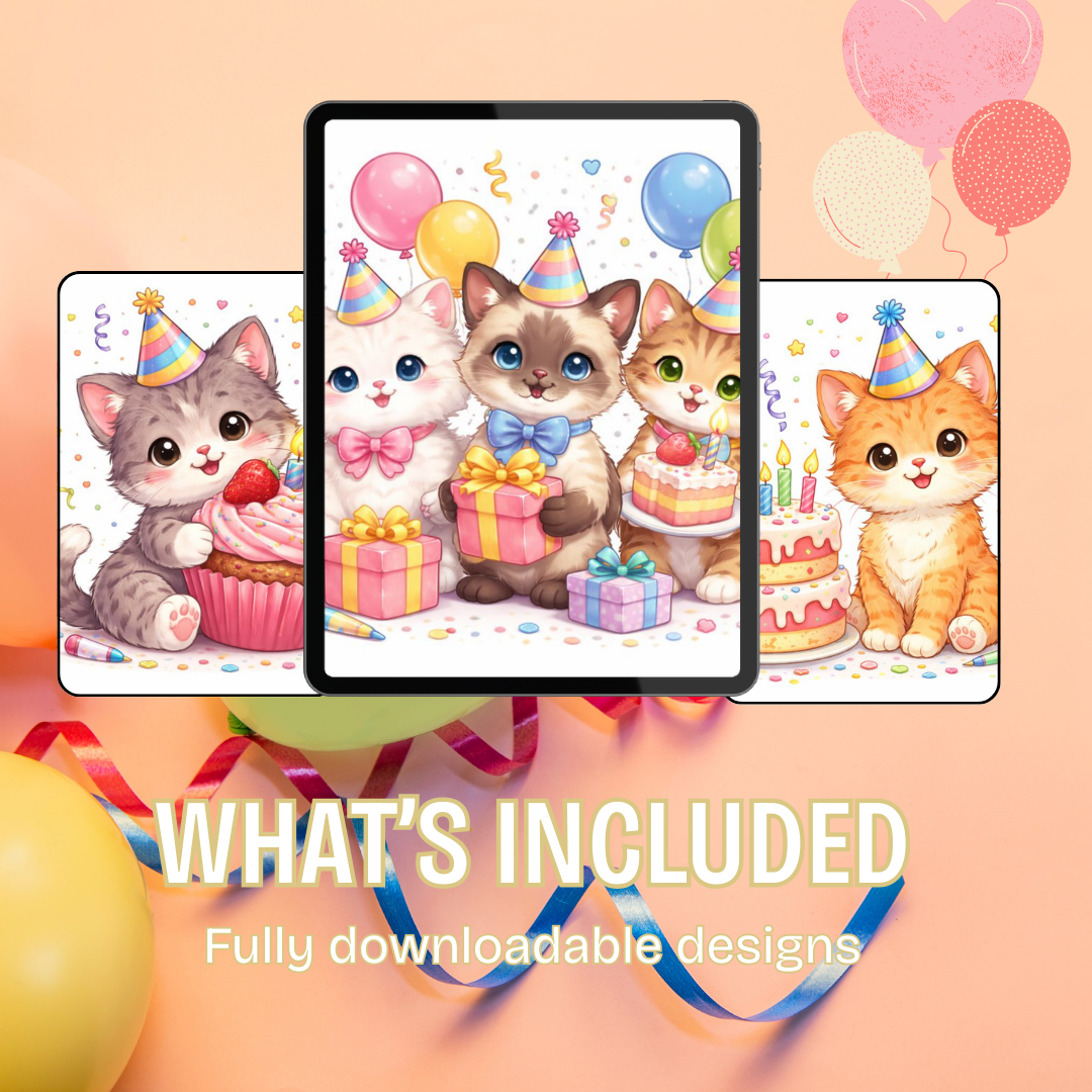 25 Birthday Cats Clipart PNG PDF | Cute Cat Birthday Illustrations | Party Decorations & Printable Wall Art | Instant Download
