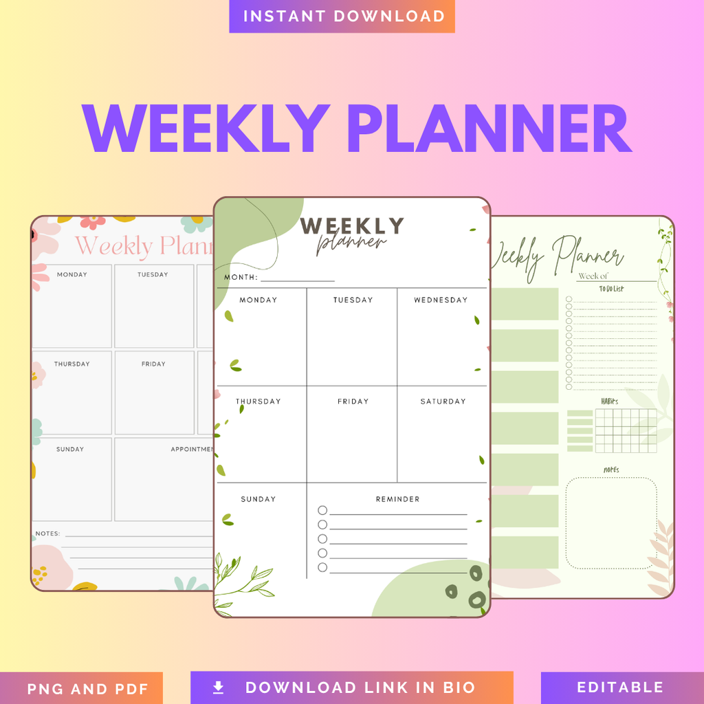 Weekly Planner Printable PDF PNG | Weekly Schedule Organizer | Productivity Planner | To Do List Weekly Planner
