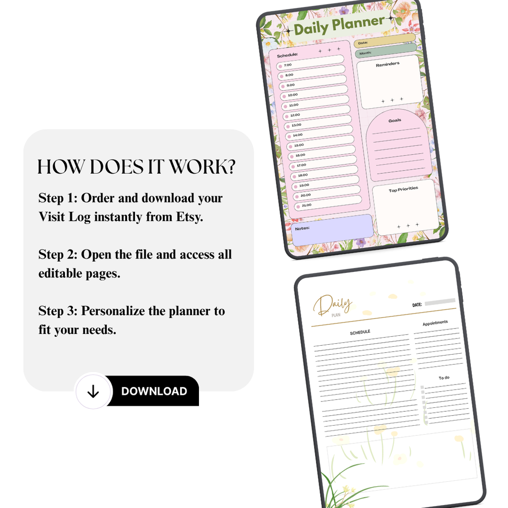 Floral Daily Planner Printable PDF PNG | Daily Schedule Planner | To Do List Organizer | Productivity Planner Instant Download