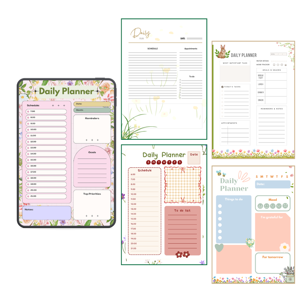 Floral Daily Planner Printable PDF PNG | Daily Schedule Planner | To Do List Organizer | Productivity Planner Instant Download