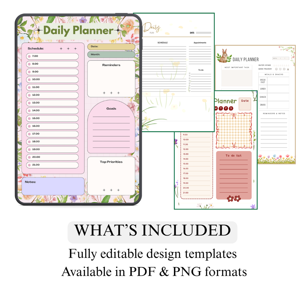 Floral Daily Planner Printable PDF PNG | Daily Schedule Planner | To Do List Organizer | Productivity Planner Instant Download