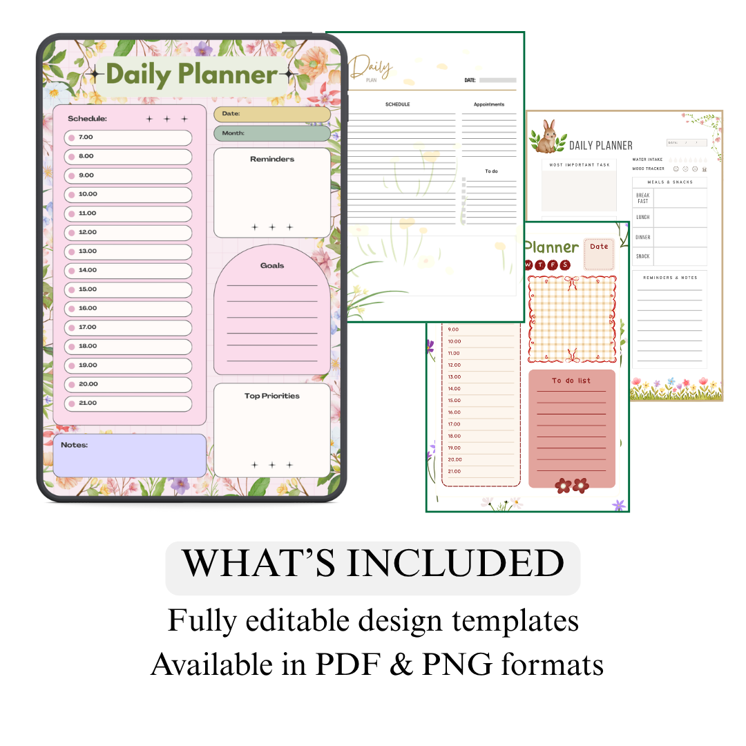 Floral Daily Planner Printable PDF PNG | Daily Schedule Planner | To Do List Organizer | Productivity Planner Instant Download